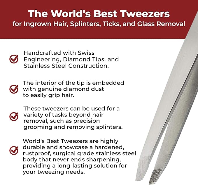 World's Best Tweezers Diamond Tip - Diamond Coated Slant Precision Tweezer for Eyebrow, Facial & Ingrown Hair Removal - Suitably Aligned Stainless Steel Tool Grabs Hair from the Root