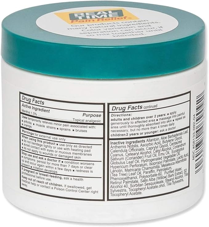 Real Time Pain Relief Foot Cream - 4.4oz Jar | Advanced Relief for Foot Pain, Muscle Strains, and Arthritis |15 Natural Ingredients Including Eucalyptus, Tea Tree Oil, Menthol, Vitamin E, and Emu Oil