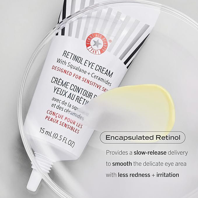 First Aid Beauty - Retinol Eye Cream with Squalane + Ceramides, Encapsulated Retinol Serum for Delicate Skin, Helps Improve Appearance of Fine Lines and Wrinkles, Safe for Sensitive Skin, 0.5 oz