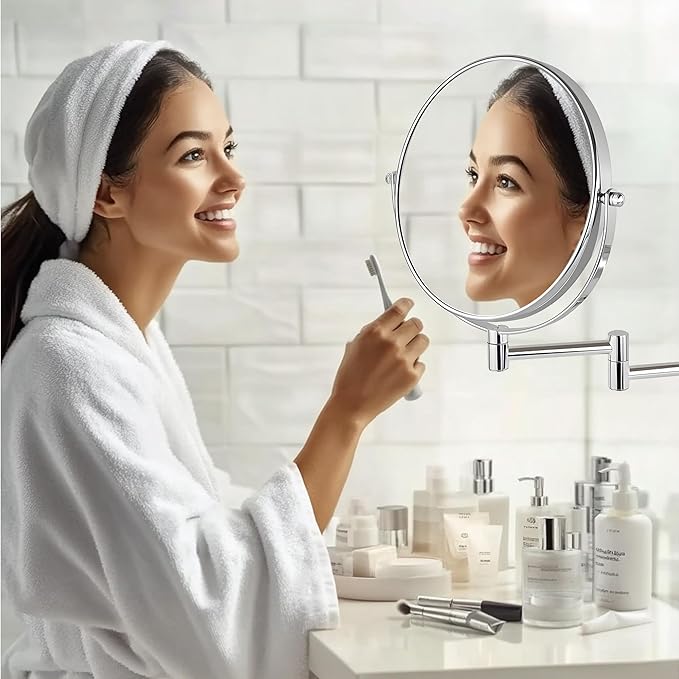 JANEEVA 8" Wall Mounted Makeup Mirror, 1X/10X Magnifying Mirror with 360° Extendable Arm Mirror for Bathroom-Double Sided Vanity Mirror for Man & Woman(Chrome)