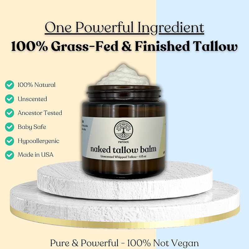 Beef Tallow for Skin | NAKED TALLOW BALM | 1 Ingredient - 100% Grass Fed Beef Tallow | Beef Tallow for Body & Face | Whipped & UNSCENTED for Sensititve Dry Skin, Babies, Eczema, Psoriasis, Rosacea (4oz)