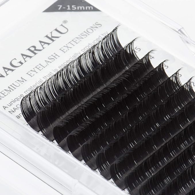 NAGARAKU Eyelash Extensions Individual Lashes 0.10mm C curl 7-15mm Mix Tray Classic Matte Black Soft Natural Faux Mink 16 rows