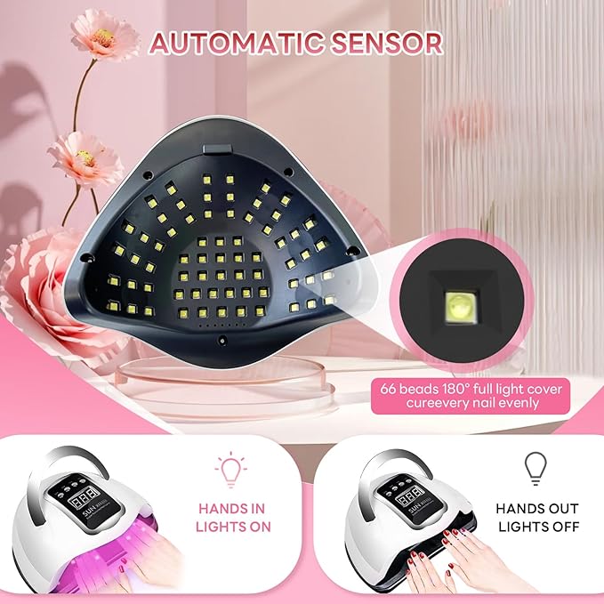 UV LED Nail Lamp, Professional 280W UV Nail Dryer Light for Gel with 66 Beads, Fast Curing Gel Polish Lamp Auto Sensor 4 Timer Setting Portable Nail Art Drying Tools for Fingernail Toenail