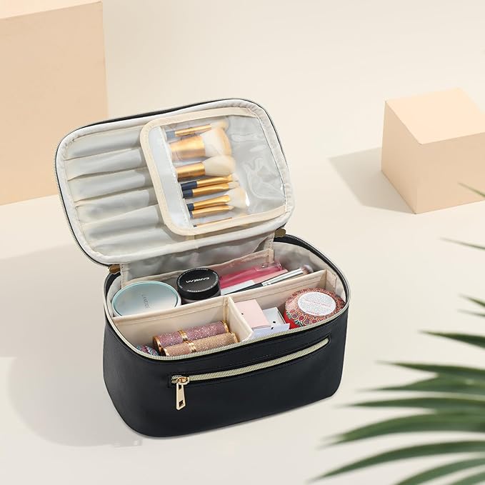 Travel Makeup Bag Organizer, Large Capacity Cosmetic Pouch for Women, Waterproof Make Up with Divider, Clamshell Makeup Case Make Up Bag with Handle and Metal Zipper, Travel Essentials Black