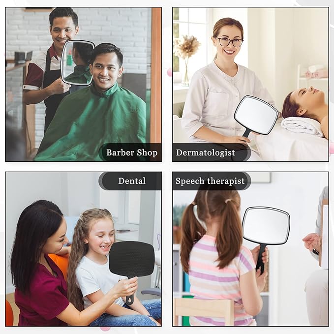 Qunclay 10 Pcs Large Hand Mirror Handheld Mirror with Handle Multi Purpose Barber Mirror with Distortion Free Reflection for Vanity Makeup Salon Travel Use (Black, 7.3'' W x 10.3'' L)