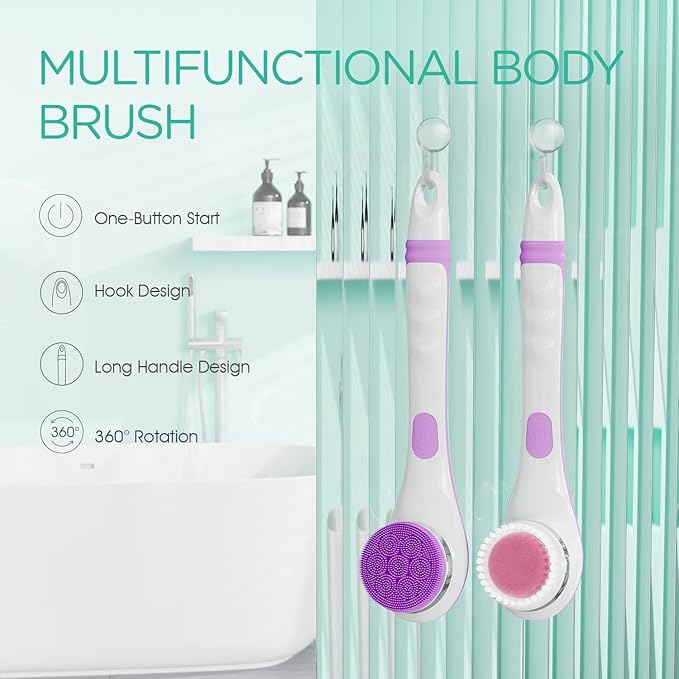 VOYOR Electric Body Brush Back Scrubber for Shower Rechargeable Exfoliating Bath Brush Powered Shower Brush with Non-Slip Long Handle Deep Cleansing, Exfoliation, Massaging Spin Brush BC100 (Purple)