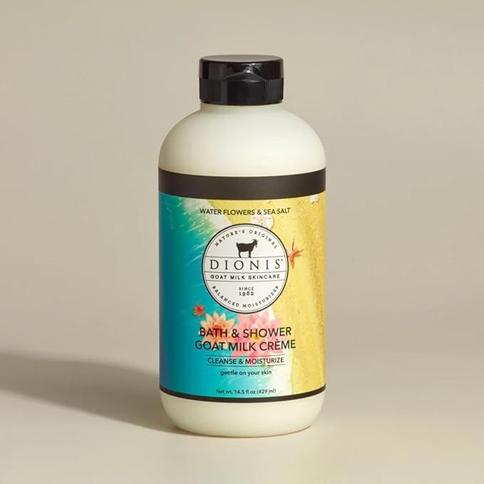 Dionis Goat Milk Skincare Water Flowers and Sea Salt Bath Soap & Liquid Shower Crème, Creamy Cruelty Free, Paraben Free Hydration Body Wash Cleanser, Soap Moisturizer For Sensitive Skin, 14.5oz Bottle