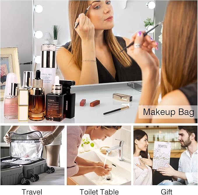 Travel Makeup Bag Organizer Cosmetic Bag: 3 Pcs Set Make up Bags for Women with Handle - Waterproof Vegan Leather Toiletry Bags with Comparments (Beige)