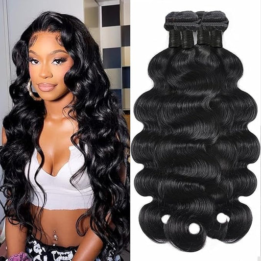 12A Body Wave Human Hair Bundles 14 16 18 20 Inch 100% Unprocessed Brazilian Virgin Weave 4 Bundles Human Hair Full And Thick Remy Hair Extensions Natural Black Color for Black Women