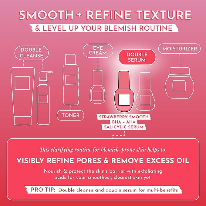 Glow Recipe Strawberry Smoothing Salicylic Acid Serum - Blemish Clarifying Skin Care, AHA BHA Exfoliant + Pore Minimizer + Plumping Hyaluronic Acid + Brightening Allantoin - Korean Face Serum, 30ml