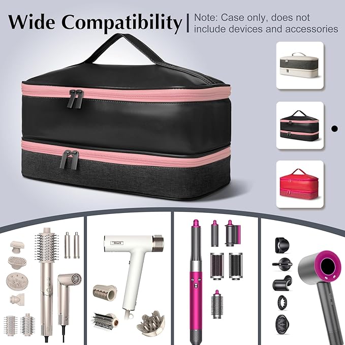 Travel Carrying Case for Shark Flex Style, Double Layer Hair Dryer Accessories Tools Storage Case, Waterproof PU Leather Organizer Bag for Shark Flexstyle/Dyson Airwrap Styler and Attachments (Black)