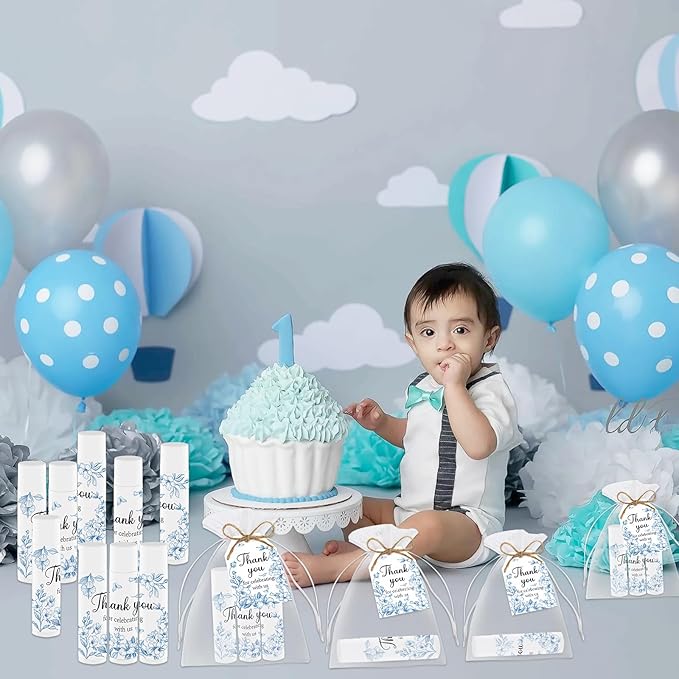 50 PCS Blue Flower Bridal Baby Shower Lip Balm Gift Baby Shower Favor Party Wedding and Engagement Party Bulk Lip Balm Thank You Gifts with Card Tags for Guests (blue flower)