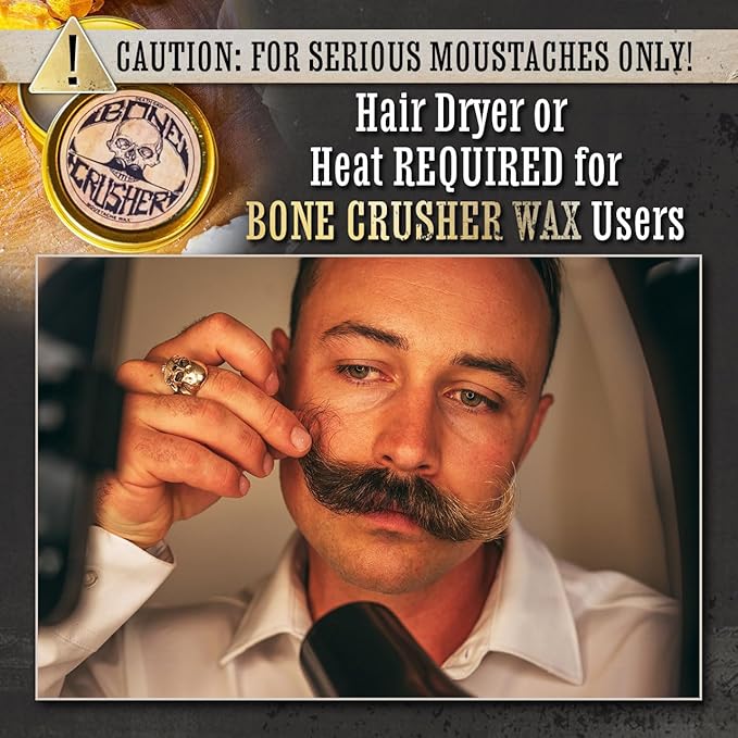 Mustache Wax Extra Strong Hold | 1oz Bone Crusher Moustache & Beard Wax Tin | Grooming For Men | Perfect For Dali Curly English Handlebar Mustaches By Death Grip | Heat Source Required