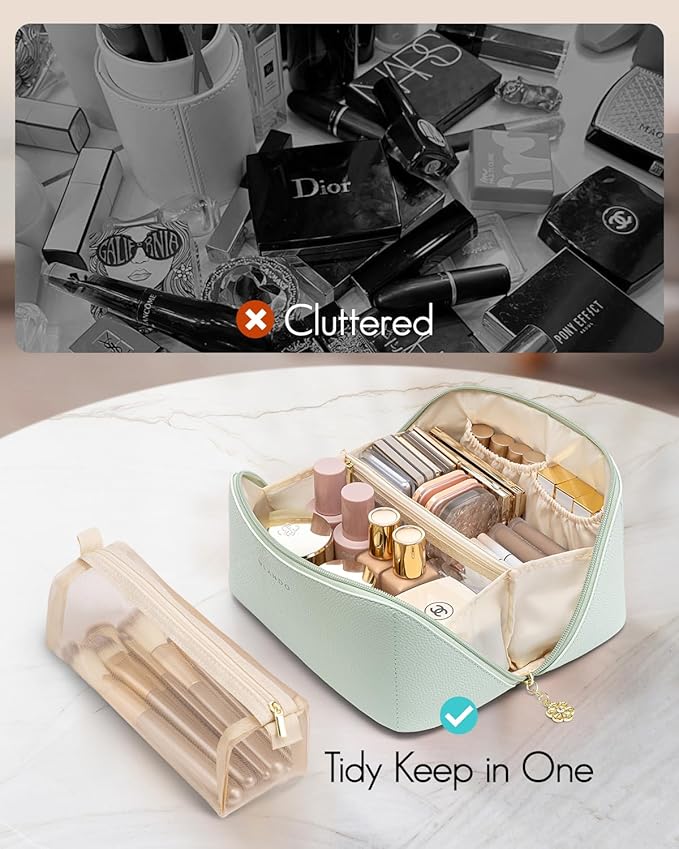 Vlando Makeup Bag,Travel Makeup Bag Waterproof Portable Cosmetic Bag PU Leather Open Flat Make up Organizer for Toiletries,Makeup Brushes Bag Gifts for Teen Girls Women(Mint Green)