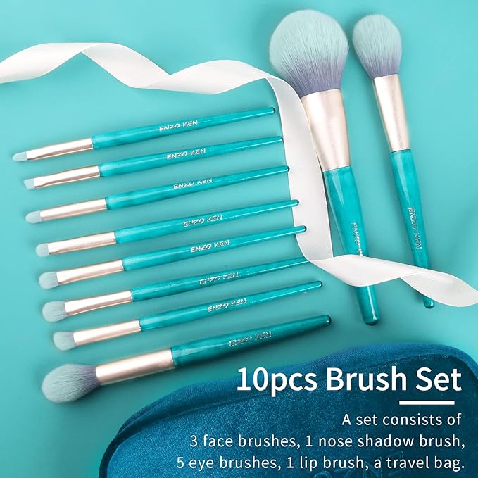 Blue Makeup Brushes Set with Case by ENZO KEN, Vegan Makeup Brush Set Professional, Cosmetic Brushes Makeup Set, Make up Brushes Vegan, Make up Brushes Set Professional, Wooden Makeup Brush Set Vegan