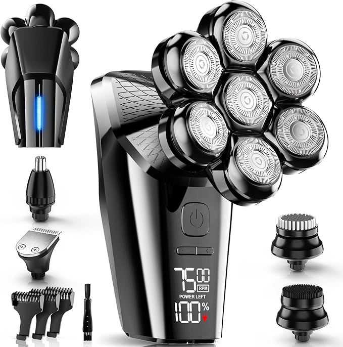 Hexus Head Shavers for Bald Men, Detachable Head Shaver Dry/Wet Bald Head Shaving for Men, IPX7 Waterproof Electric Razor Grooming Kit with LED Display and Type-C Charge, Light Black