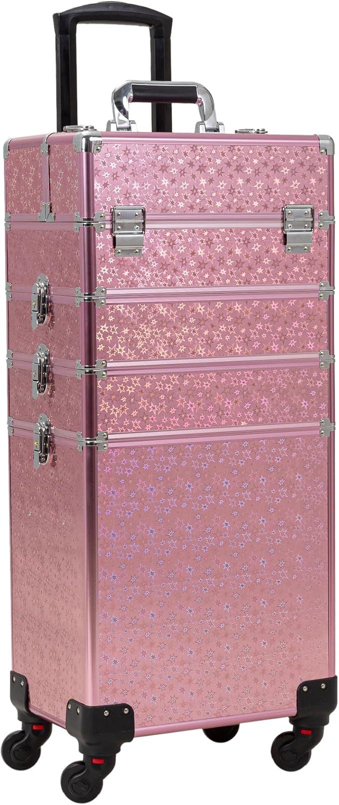 4 in 1 Portable Traveling Aluminum Professional Makeup Trolley Cart with Multiple-Sized Compartments and Wheels (pink with star)
