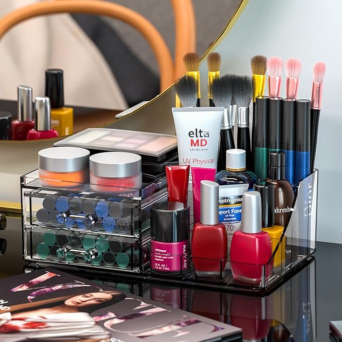 Cq acrylic Clear Makeup Organizer - 2 Drawer Vanity Makeup Holder for Skincare, Hair Clip, Jewelry and Beauty Storage - 1 Pack