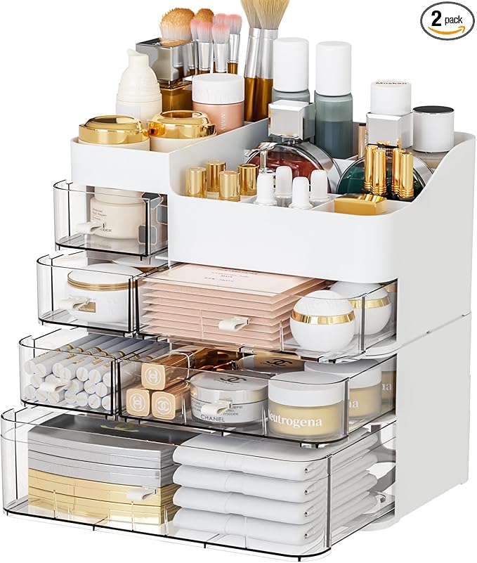 SuoXing Makeup Organizer for Vanity,Large 6 Drawers Make up Organizers for Counter,Plastic Cosmetic Storage Organizer for Dresser Countertop or Bathroom,Beauty Holder for Lipstick,Brush,Skincare,White