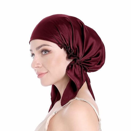 100% Silk Bonnet for Sleeping With Tie Band, Large Sleep Cap for Curly Hair, Wrap for Hair Care (Dark Red)