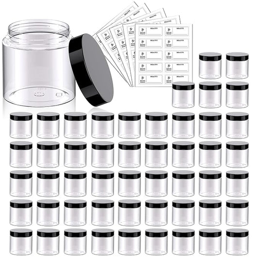 50 Pack 2 OZ Plastic Jars Round Clear Cosmetic Container Jar with Lids, Eternal Moment Plastic Slime Jars for Lotion, Cream, Ointments, Makeup, Eye shadow, Rhinestone, Samples, Pot, Travel Storage