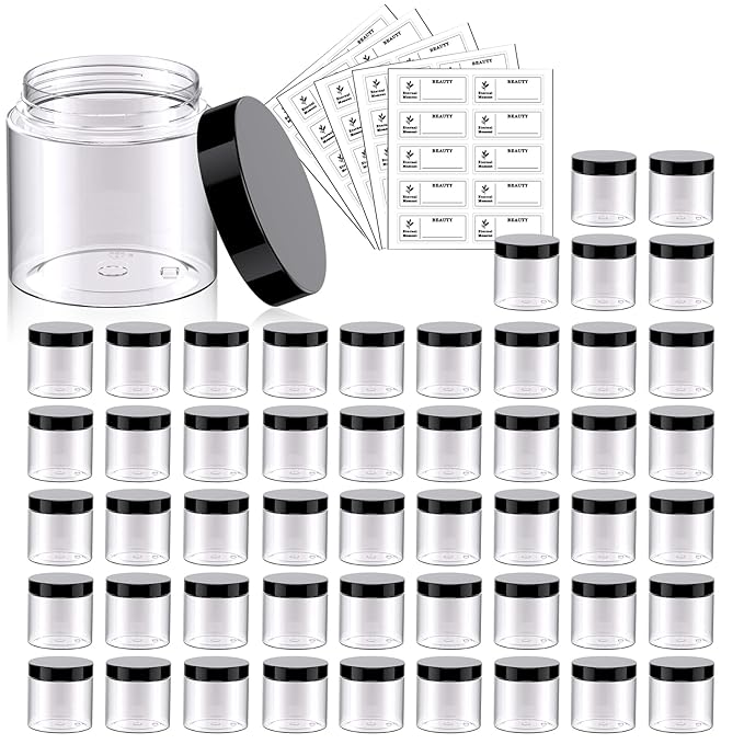 50 Pack 2 OZ Plastic Jars Round Clear Cosmetic Container Jar with Lids, Eternal Moment Plastic Slime Jars for Lotion, Cream, Ointments, Makeup, Eye shadow, Rhinestone, Samples, Pot, Travel Storage