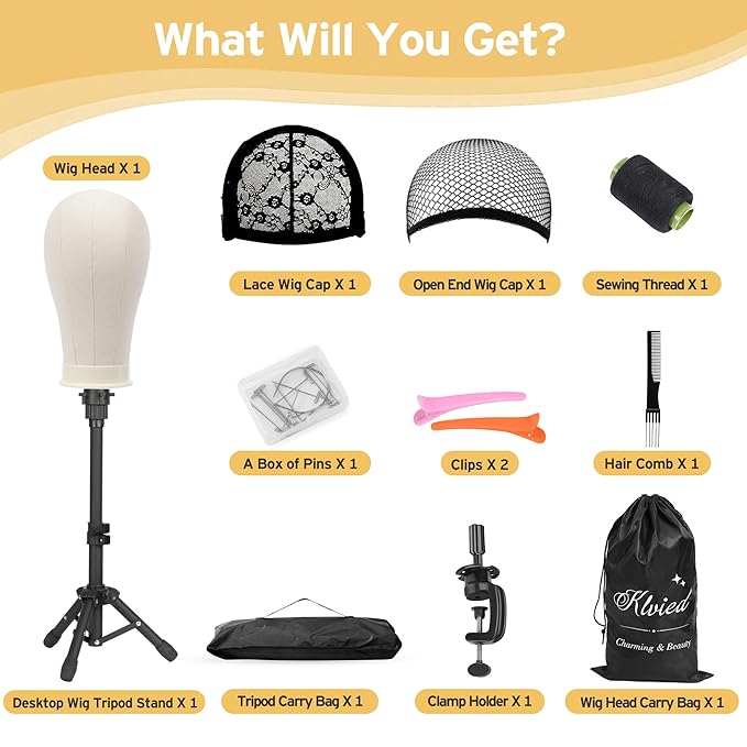 Klvied Wig Mannequin Stand for Desktop, Dual-use 22 Inch Canvas Wig Head Display, Adjustable Clamp Wig Holder, Manikin Head Stand Set for Cosmetology Hairdressing Training with Carrying Case