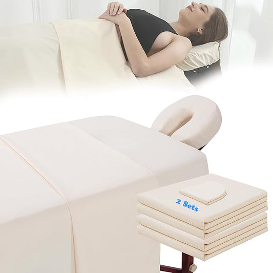 2 Sets Microfiber Massage Table Sheet Sets - 3 Pcs Massage Bed Cover, Soft Wrinkle Free, Includes Fitted Sheet, Face Cradle Cover for SPA, Beauty Salon, Tattoos (Beige)
