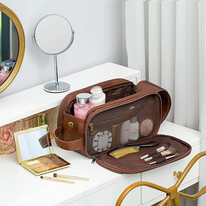 Elviros Travel Toiletry Bag for Men, Shaving Dopp Kit Water-resistant Bathroom Small Toiletries Organizer PU Leather Cosmetic Bags