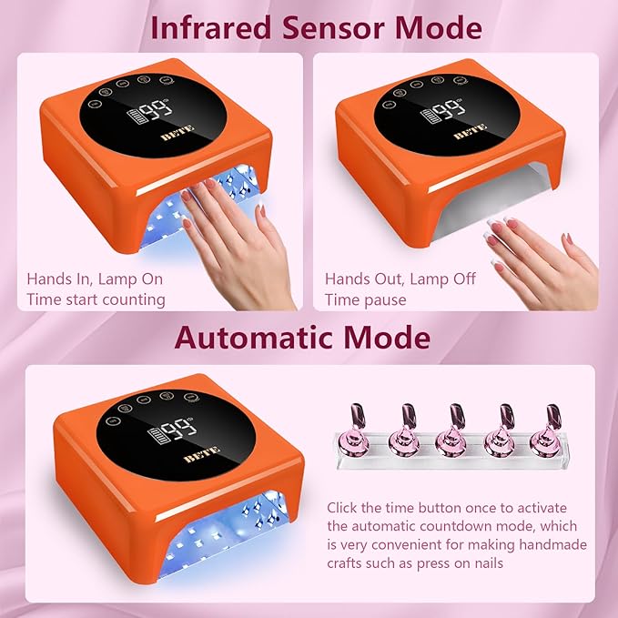 BETE Cordless LED Nail Lamp, 78W Rechargeable UV Nail Light, Intelligent Infrared Sensor and LCD Display Curing Nail Lamp, Portable Nail Dryer Gel Polish Light with 5 Timer Setting Orange