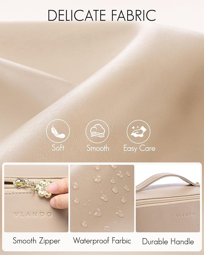Vlando Makeup Organizer Bag,Mothers Day Gifts,Travel Makeup Bag for Women Waterproof Portable Make up Bag PU Leather Open Flat Cosmetic Bag for Travel Essentials, Gifts for Women(Toffee)