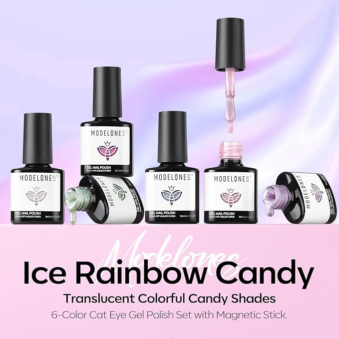 modelones Cat Eye Gel Nail Polish, 6 Colors Glitter Summer Pink Blue Green Blue Gel Polish Set with Magnet Sparkle Translucent Nail Gel Polish Kit Soak Off Led Nail Art Manicure Salon DIY Gifts