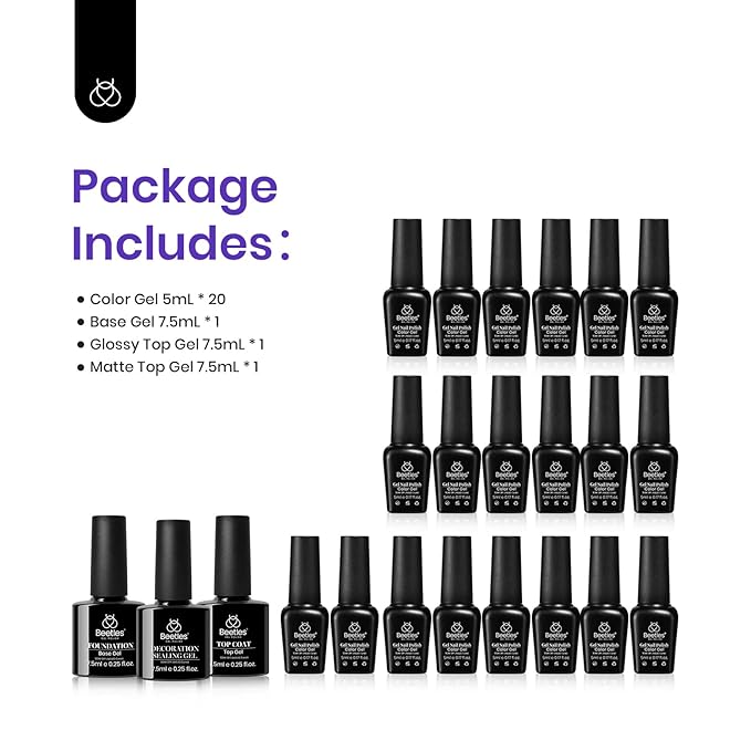 Beetles Glitter Gel Nail Polish Set, 23pcs Gel Polish Brown Pink Blue Purple Green Soak Off UV Kit with Glossy Matte Top and Base Coat