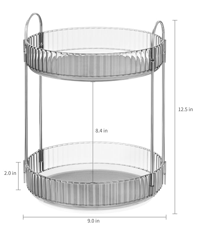 360 Rotating Makeup Organizer Countertop 2 Tier Bathroom Organizer Spinning Perfume Organizers Skincare Organizers Makeup Carousel with Silver Handle Cosmetic Brush Storage, Clear Gray