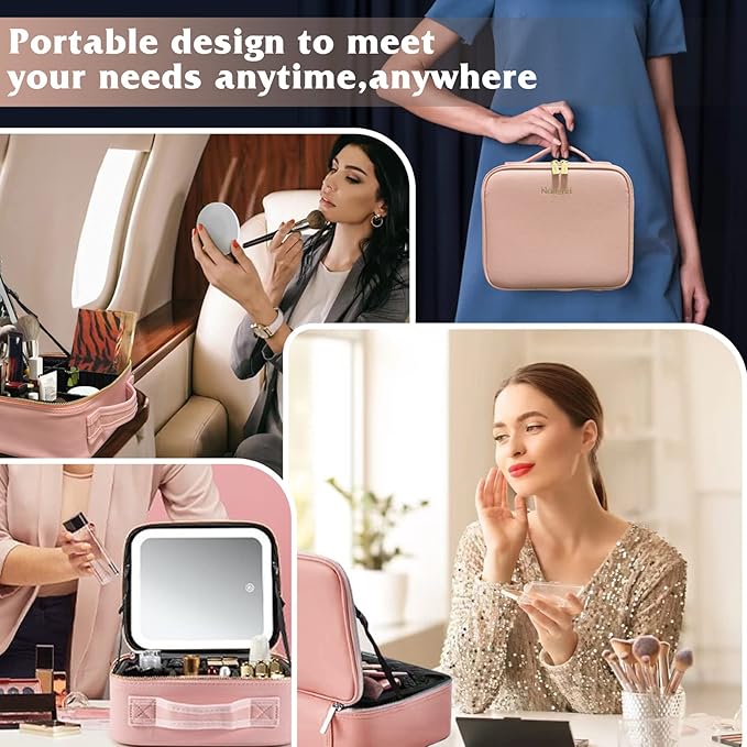 YUSONG Travel Makeup Bag With LED Lighted Mirror, Train Case With Adjustable Dividers and Detachable 10x Magnifying Mirror