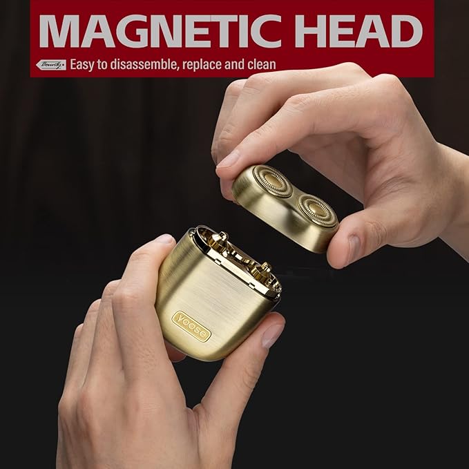 yoose Bounty Hunter Mini Shaver Gift Set, Portable Alloy Travel Shavers, Cordless Shaving, USB-C Rechargeable Electric Razor for Men, Dry Shave, IPX7 Waterproof, Easy Cleaning, Battery Indicator, Gold