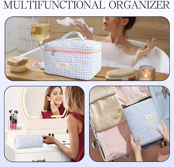 Makeup Bag, 3 PCS Quilted Makeup Bag, Cute Floral Cotton Cosmetic Bag set, Coquette Makeup Pouch Large Travel Toiletry Bag