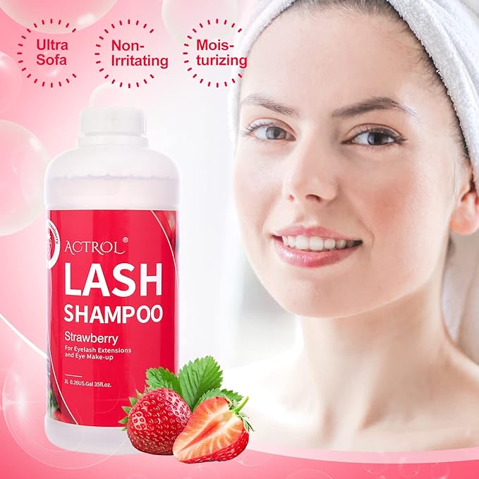 Eyelash Extension Cleanser Strawberry 1L Natural Lash Extension Shampoo Professional Eyelid Foaming Cleanser Paraben & Sulfate Free Non-lrritating with Salon and Home Care