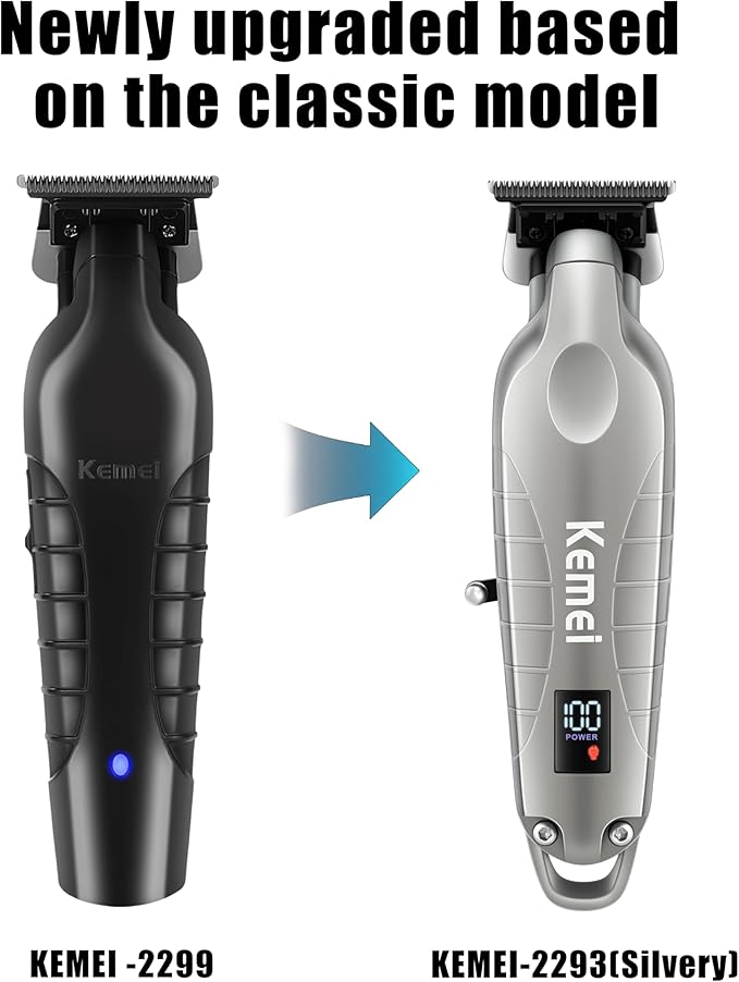 KEMEI 2293 Professional Hair/Beard Trimmer for Men Zero Gapped Hair Clippers for Barber with T Blade, Cordless Rechargeable, Silvery