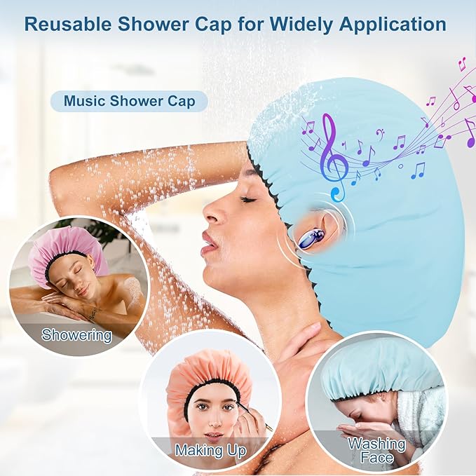 3 Pcs 16.5" Super Extra Large Shower Cap, Reusable Dual Waterproof for Women, Jumbo Satin Lined for Braids & Long Hair, XXL Adjustable Hair Cap for Locs Dreadlocks Music