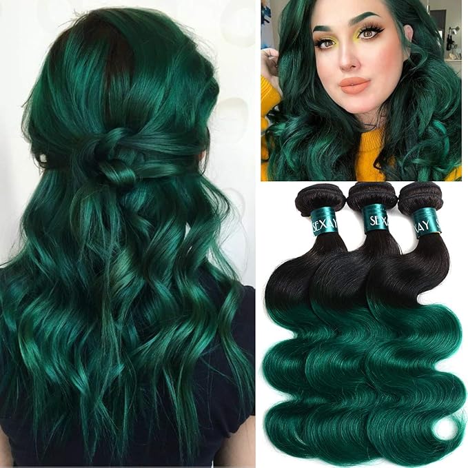 1B/Green 12A Brazilian Ombre Body Wave Weave Virgin Hair Green Remy 3 Bundles 100% Human Hair Bundles Extensions T1b/Green Color (18 20 22)