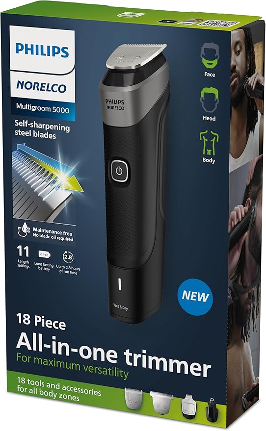 Philips Norelco Multigroom Series 5000 18 Piece, Beard Face, Hair, Body and Intimate Hair Trimmer for Men - NO BLADE OIL MG5910/49
