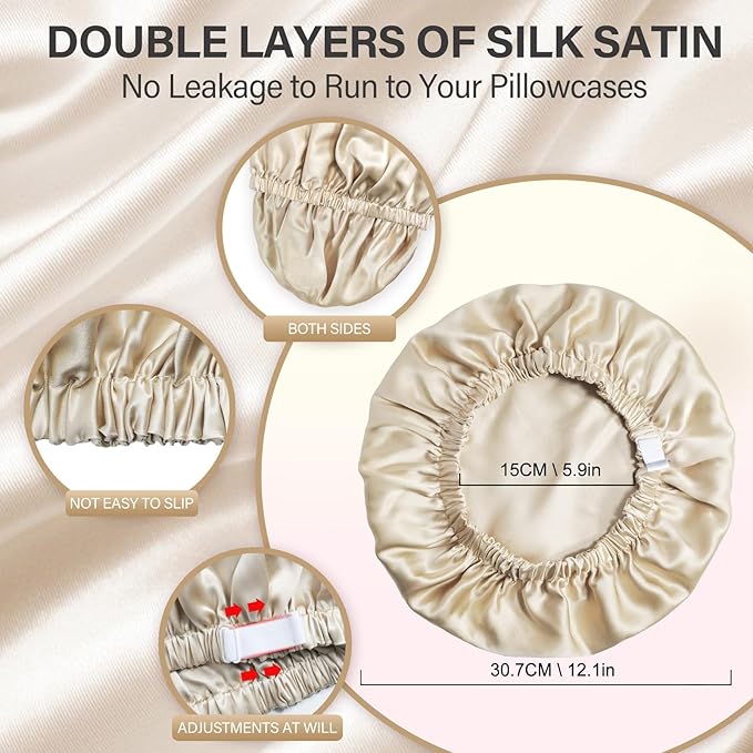 22 Momme 100% Mulberry Double Silk bonnet for sleeping women Double Layer lined Stay On Head for Hair Care with adjustable elastic Band Non-Slip Silk Turban Curly Hair silk hair cap Gold