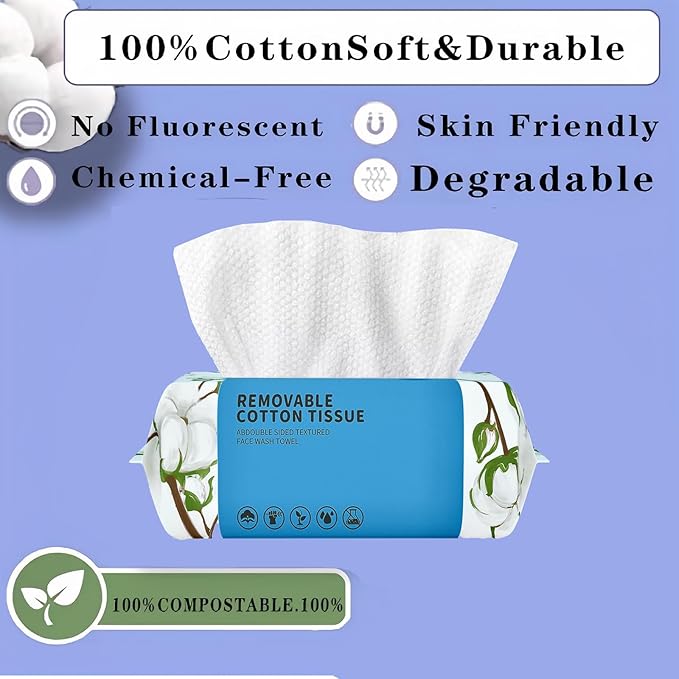 Disposable Face Towel 100 Count, Soft Cotton Clean Skin Face Towels, Dry Wipes Cotton Facial Towels Wash Cloths Tissue Thickened, Disposable Face Towelettes for Cleansing, Makeup Remover and Skincare