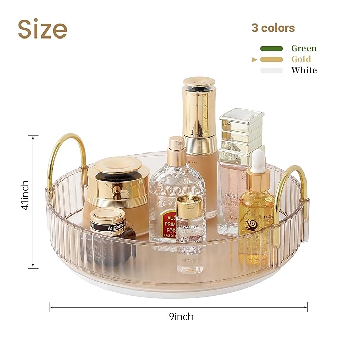 360 Rotating Makeup Organizer for Vanity, Skincare Perfume Tray, Bathroom Counter Make Up Organizers and Storage, Clear Cosmetics Lipstick Spinning Holder for Dresser(Gold)