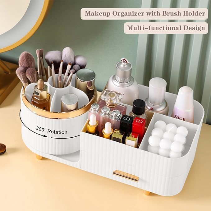 Rotating Makeup Organizer for Vanity with Brush Holder and Drawer, Cosmetic Makeup Storage, Large Spinning Makeup Skincare Organizer, Countertop Makeup Perfume Organizer, Lotions Display Case (White)