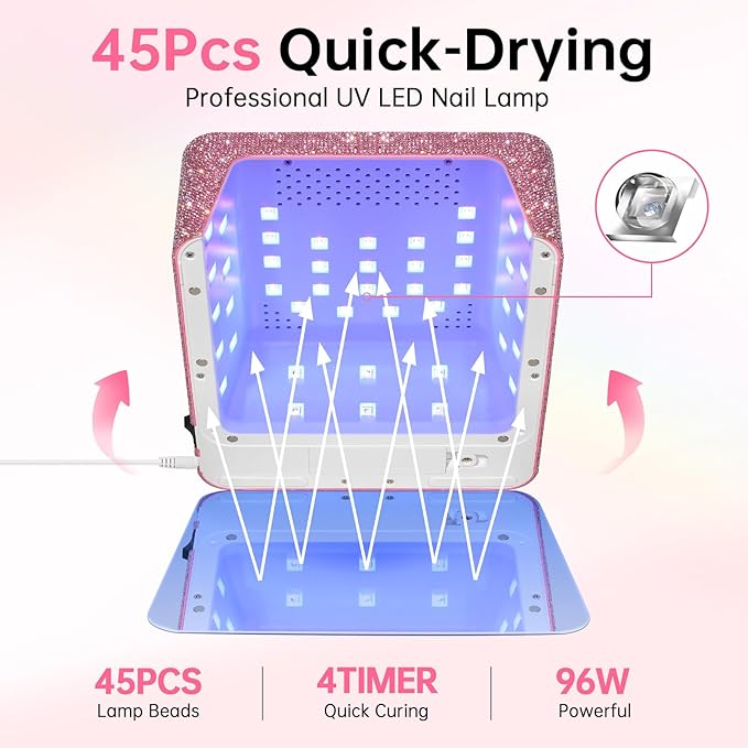 UV LED 96W Nail Lamp Professional Nail Dryer Sparkly Gel Polish Light with 4 Timer Setting Quick Dry Curing Lamp with Display Auto Sensor for Salon & Home Pink Diamond