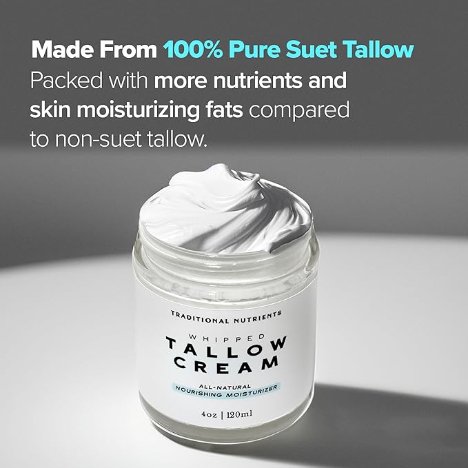 Whipped Tallow Face Moisturizer Pure Suet Beef Tallow Grass Fed Non-Greasy Nourishing Tallow Cream for Sensitive Skin - 4oz