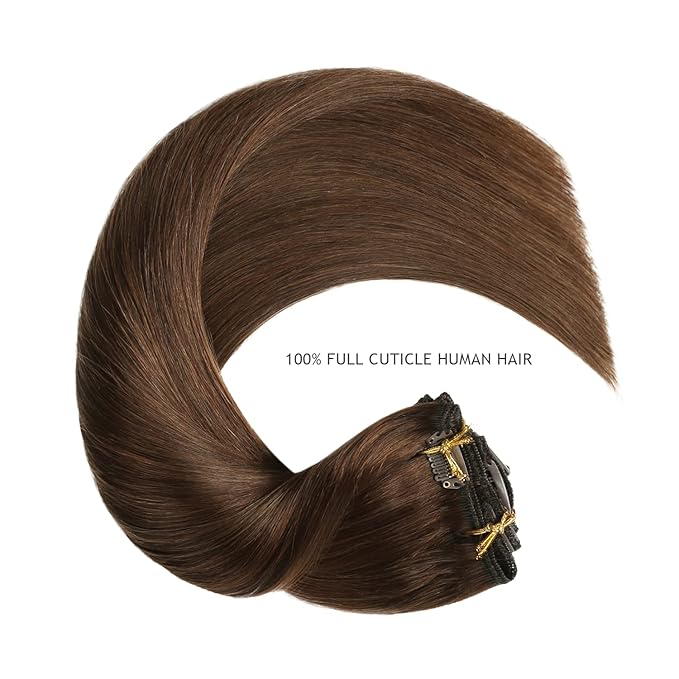YILITE Clip in Hair Extensions 120g 8Pcs/Pack Chocolate Brown Double Weft Silky Straight Remy Human Hair Thick Clip in Real Hair Extensions for Women (16inches #4 Medium Brown)
