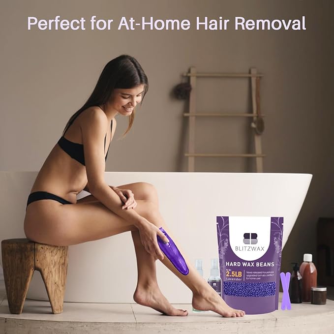 BLITZWAX 2.5lbs Hard Wax Beads for Hair Removal Lavender Waxing Beans for Sensitive Skin, Face, Eyebrows, Brazilian, Legs and Bikini - with 2 Silicone Sticks and 2 Wax Oils for Home and Salon Use